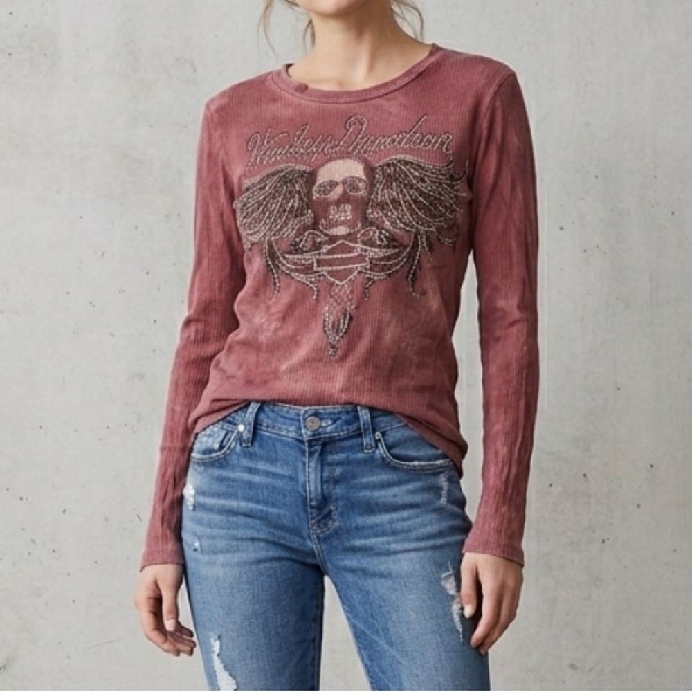 Y2K Harley-Davidson Long Sleeve lace up sheer embellished shirt